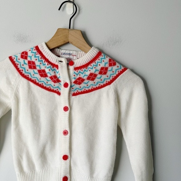 Vintage IZOD for Girl's Blue Red Fair Isle Button Cardigan Size 6x - Picture 2 of 4